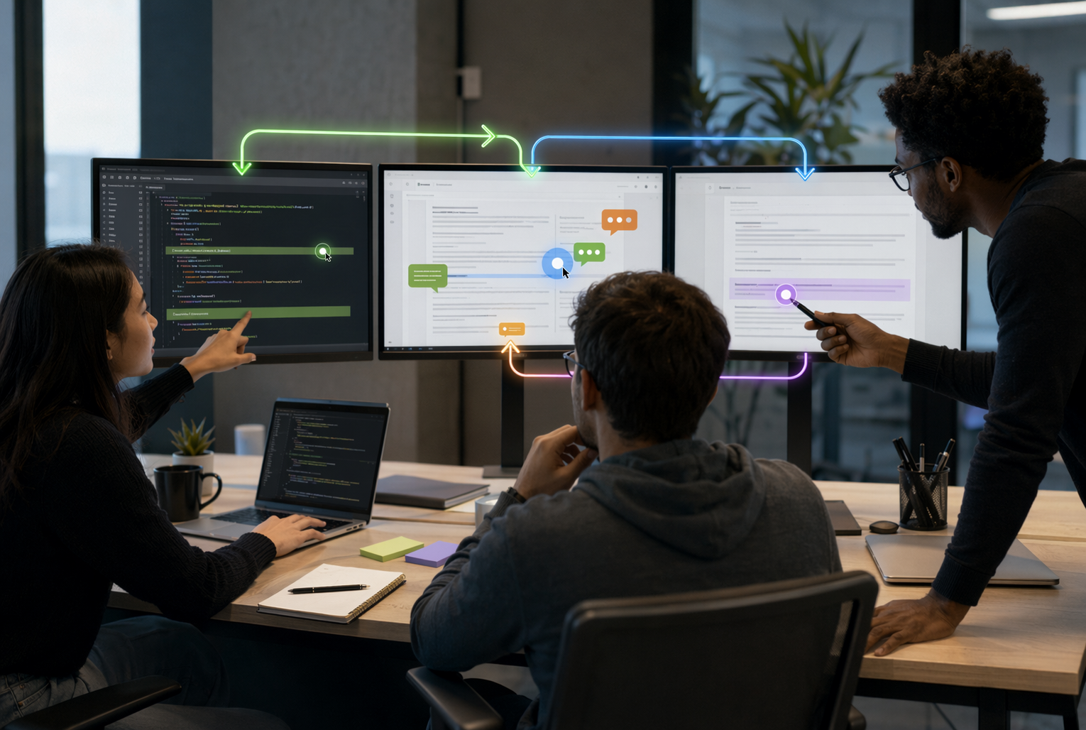Engineers collaborating over shared code documentation