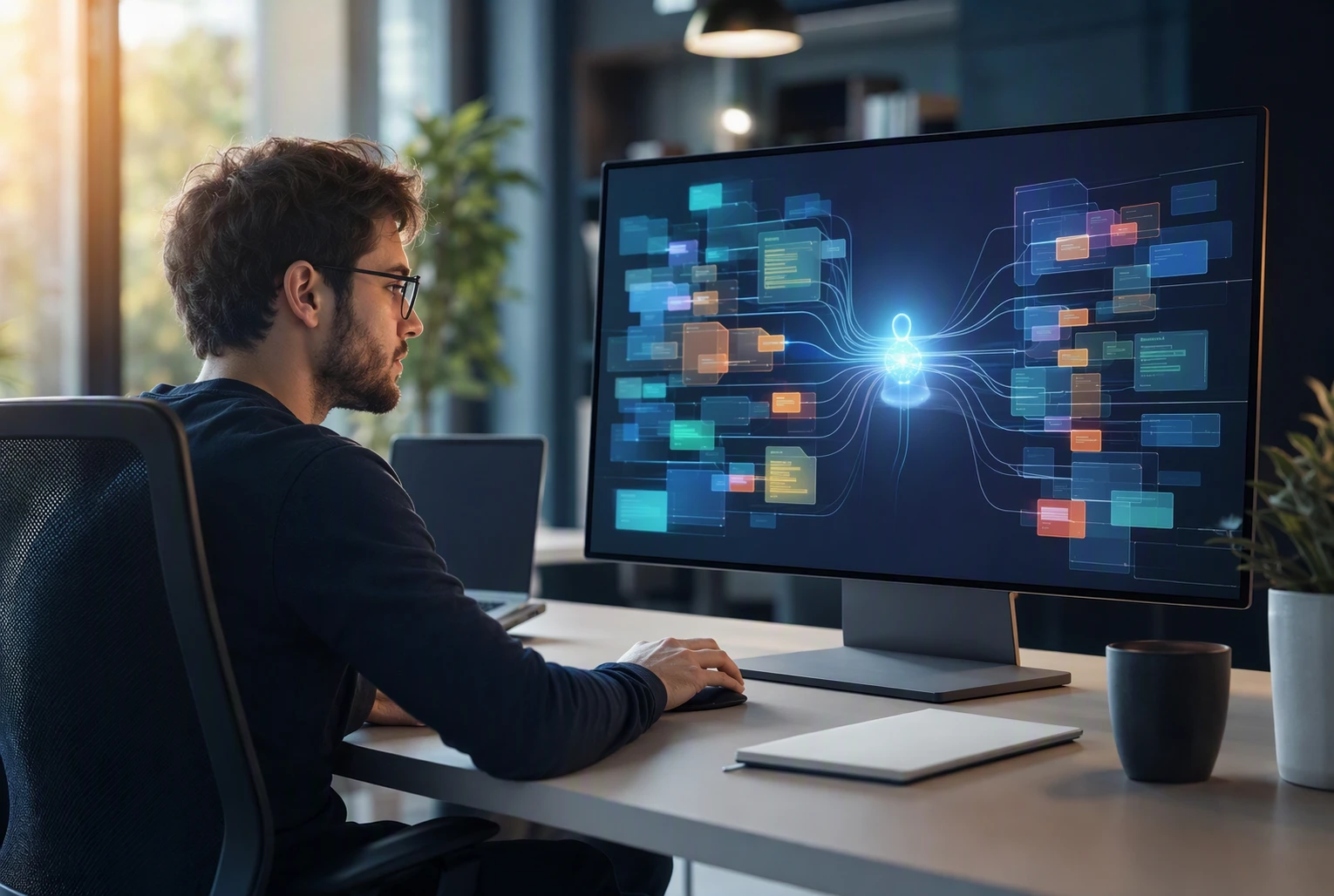 Developer reviewing live code context with AI agent workspace