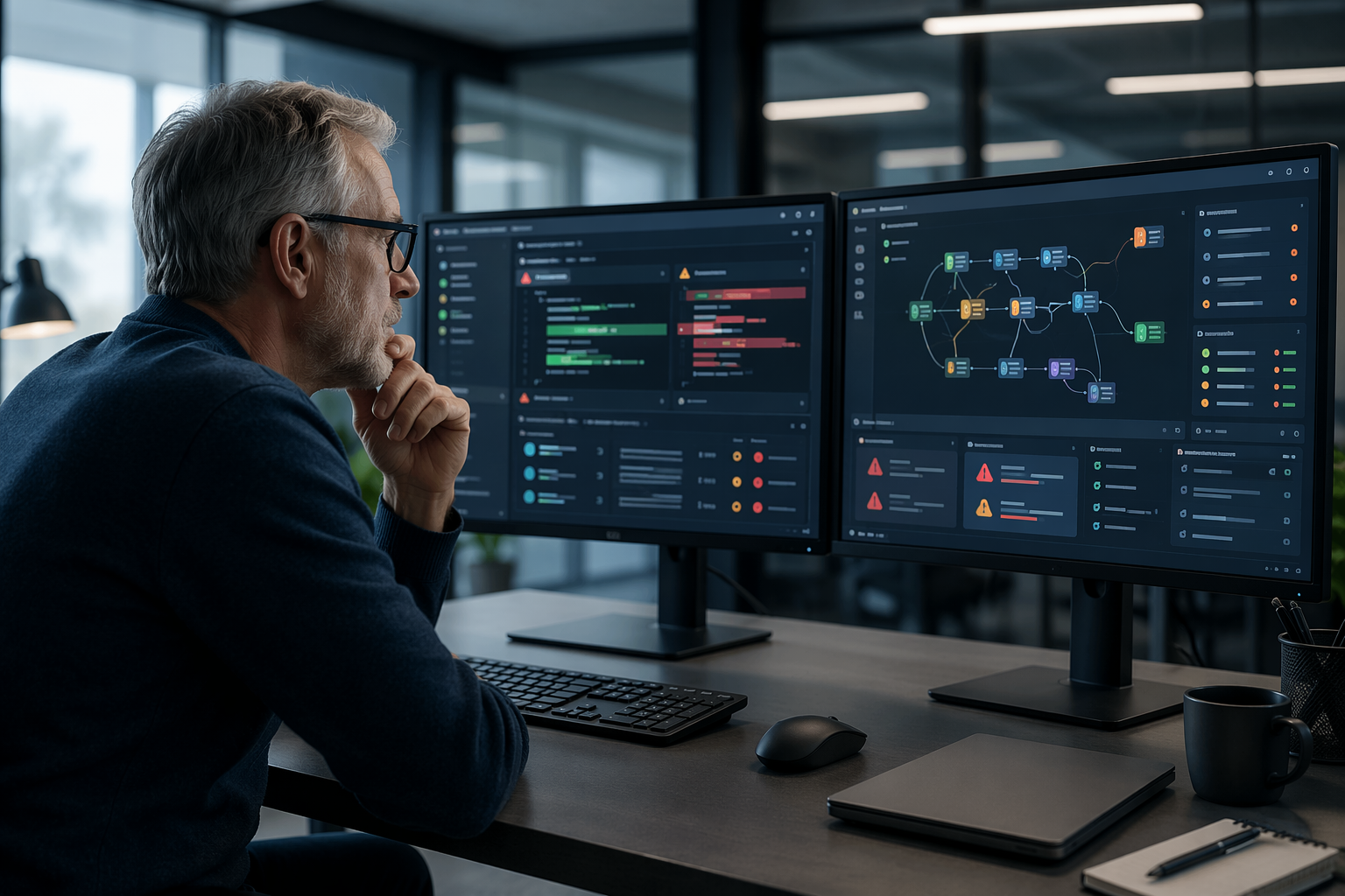 Senior engineer reviewing code drift alerts on dual monitors
