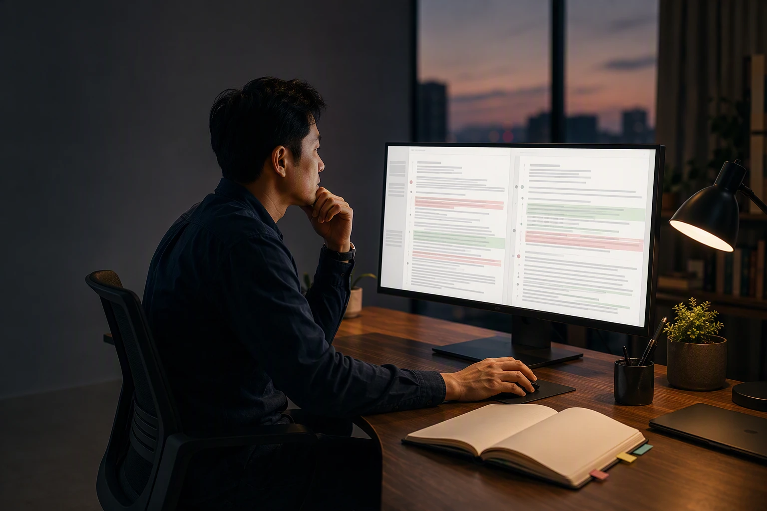 Engineer reviewing automated documentation updates on GitHub diff
