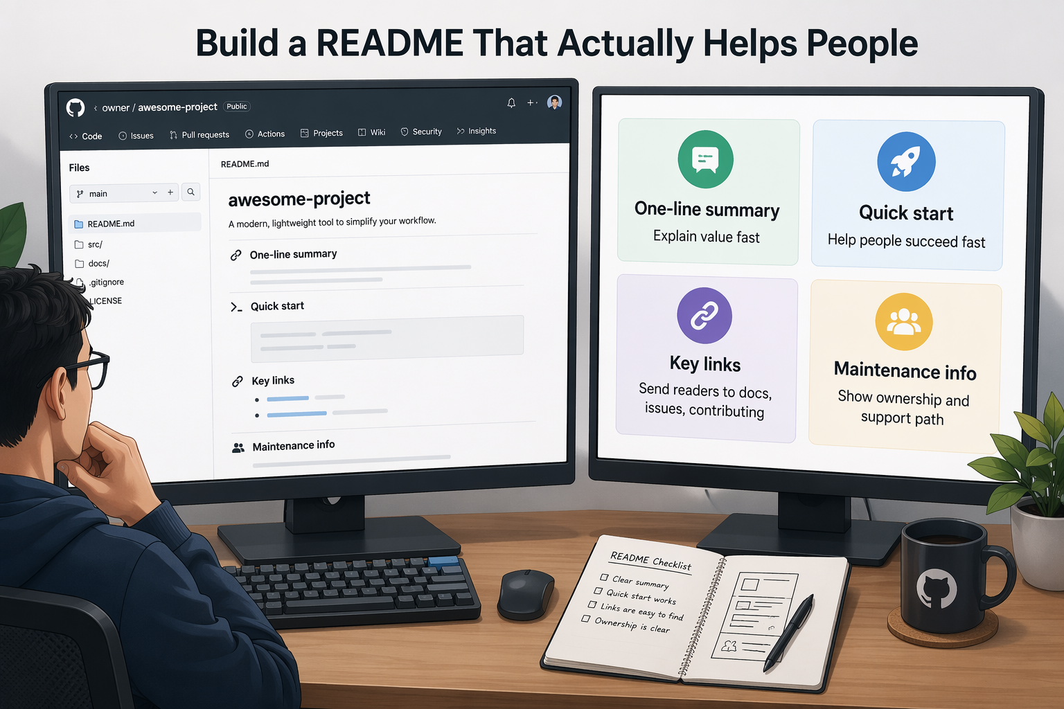 Modern infographic showing README sections and their functions