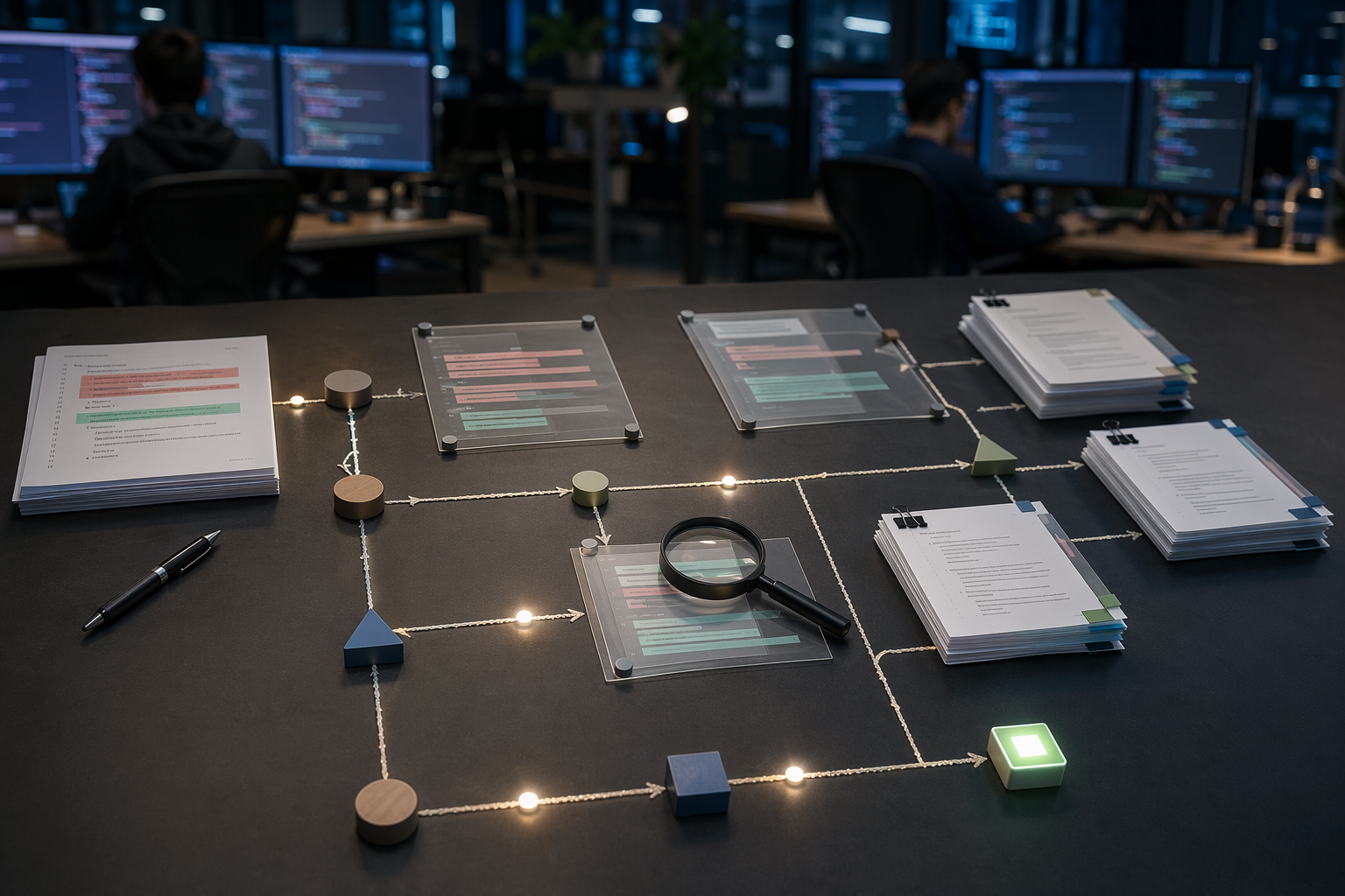 Software engineers reviewing code and documentation flowchart