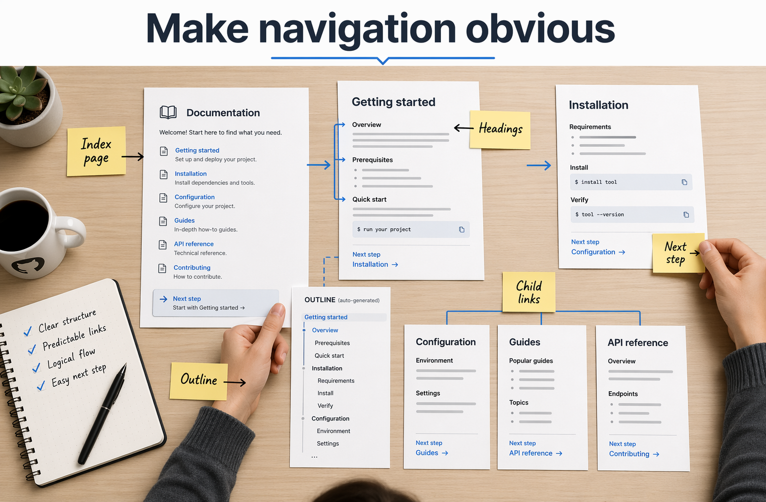 Team arranging printed docs and sticky notes on table for clear navigation
