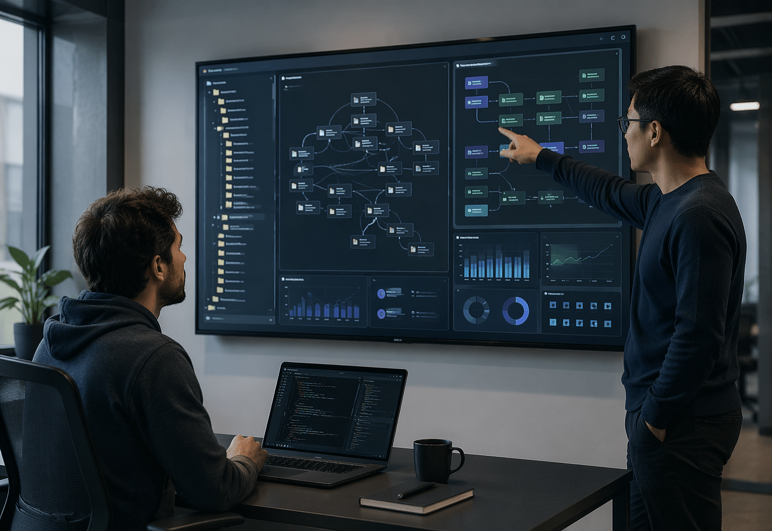 Developers reviewing GitHub repo map on large display