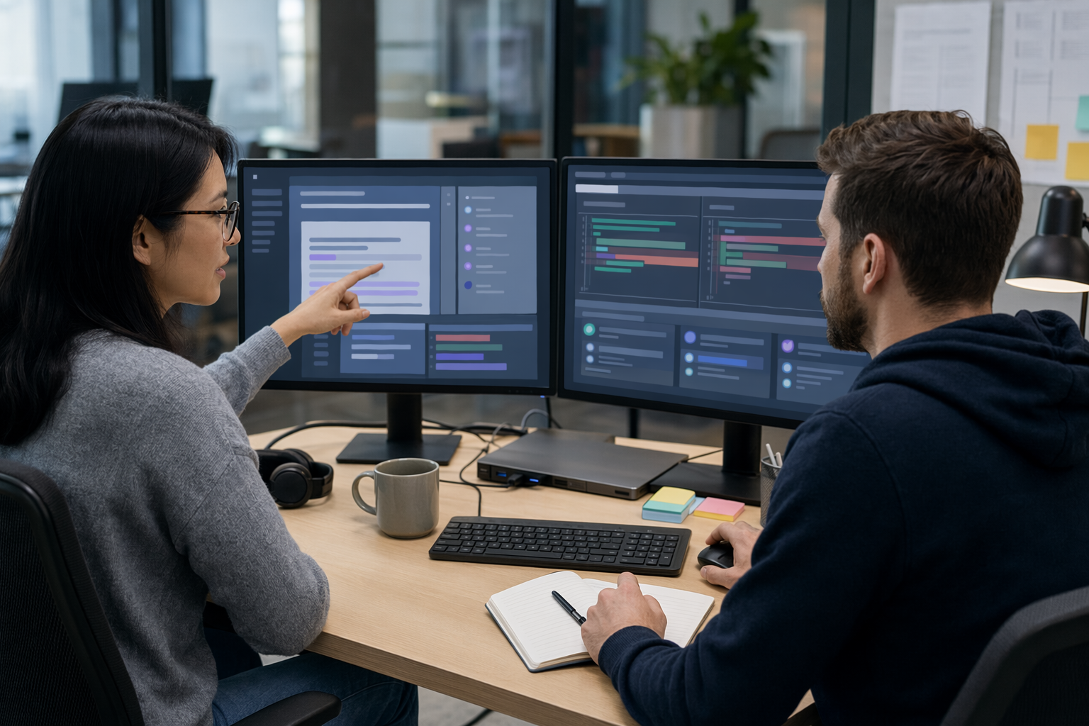 Technical team reviewing code documentation together